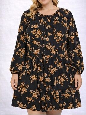 Plus Size Floral Black and Gold Dress - 3XL